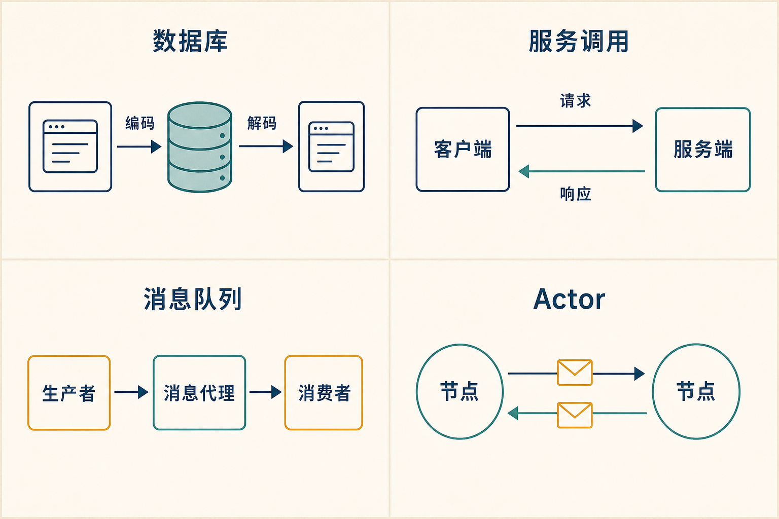 四种数据流动模式：数据库、服务调用、消息队列、Actor，各自谁编码谁解码