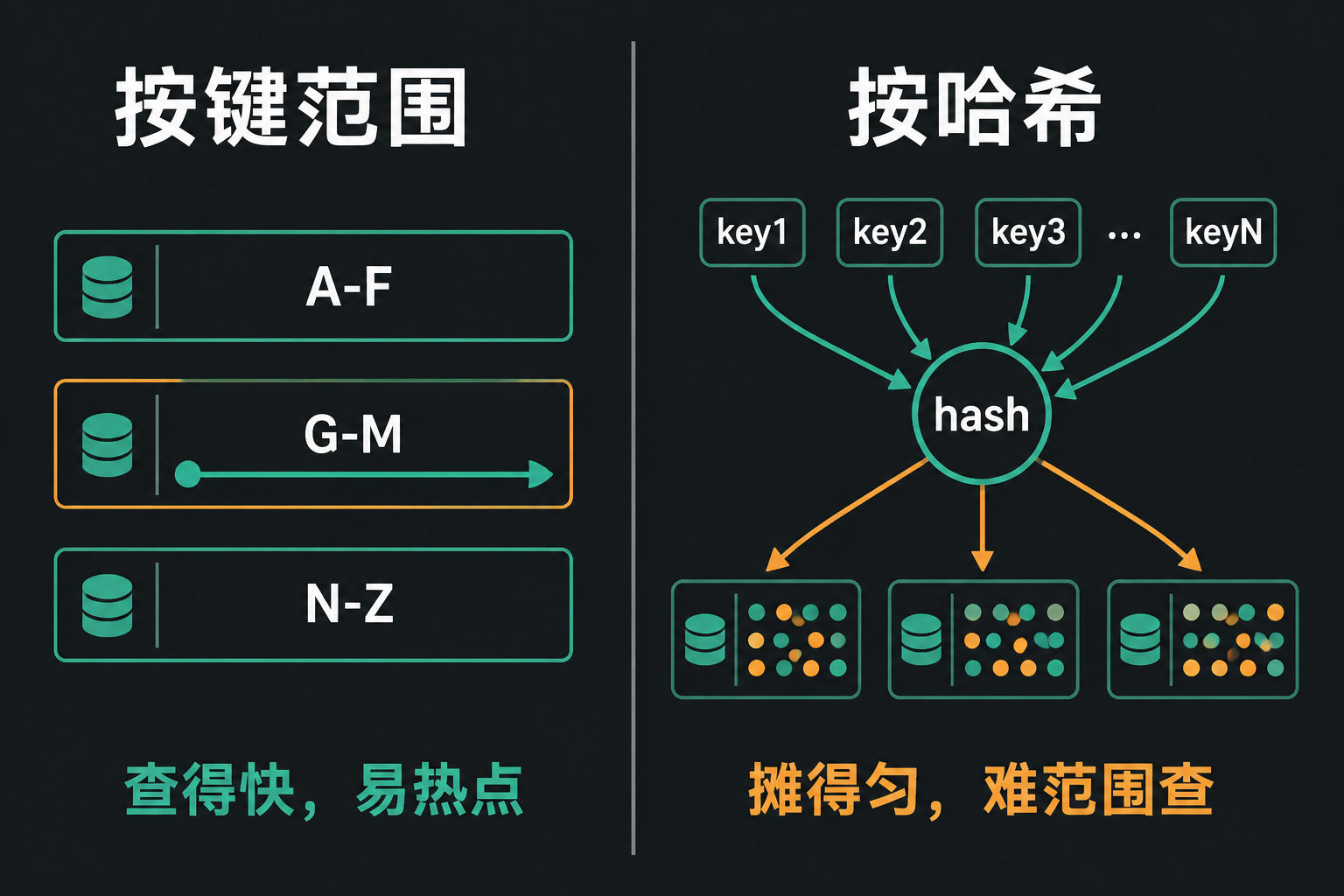 按键范围分片 vs 按哈希分片：放一起查得快，还是分散开负载匀